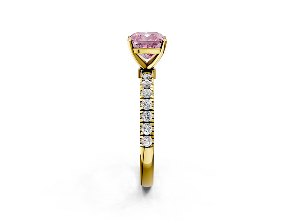 Yellow gold Fancy Pink Cushion Cut Diamond Solitaire Ring with Pavé Accents and Four-Prong Setting