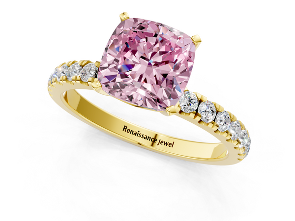 Yellow gold Fancy Pink Cushion Cut Diamond Solitaire Ring with Pavé Accents and Four-Prong Setting