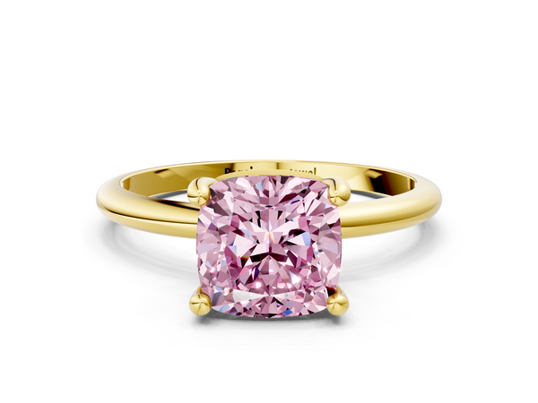 Yellow gold Fancy Pink Cushion  Solitaire Diamond Ring with 4-Prong Setting on a Classic Band