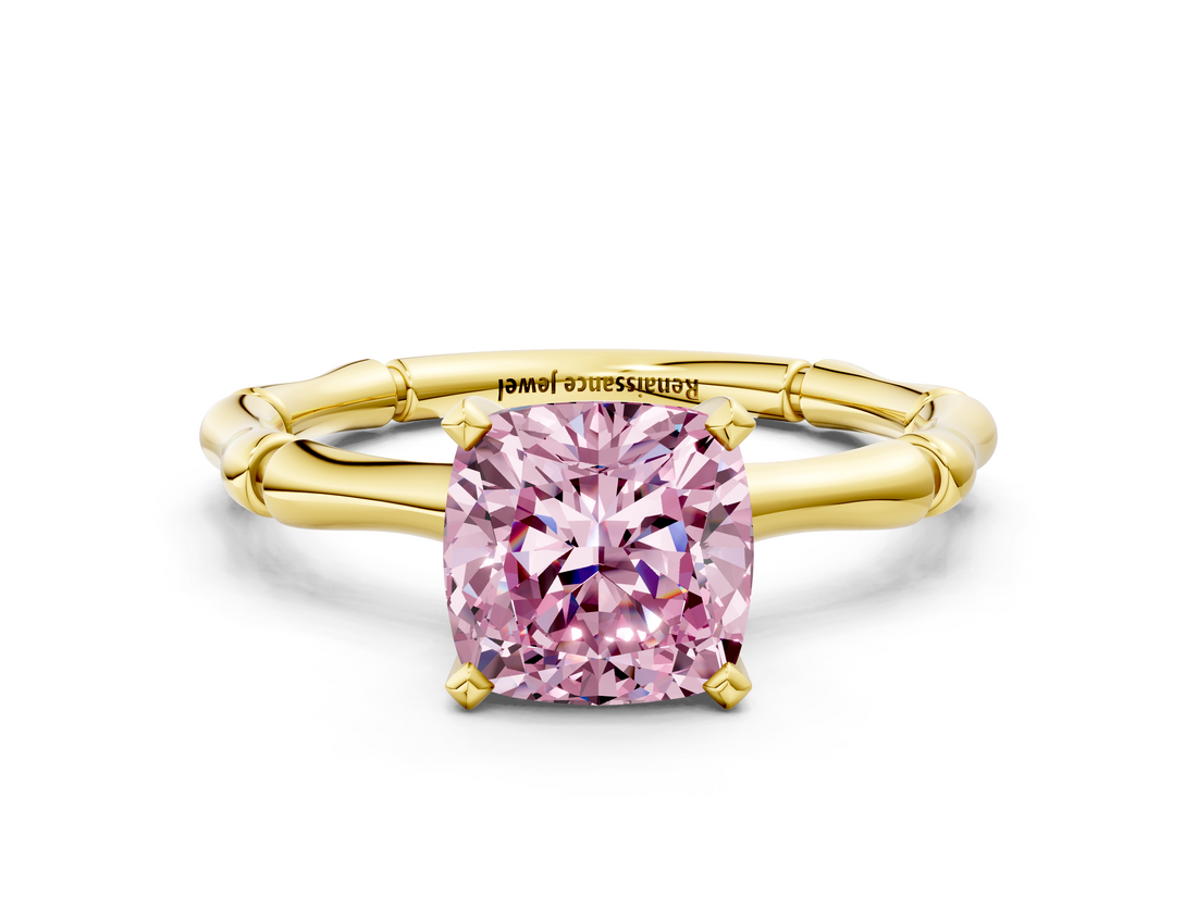 Yellow gold Fancy Pink Cushion  Solitaire Diamond Ring with Bamboo Band and Four-Prong Setting_52
