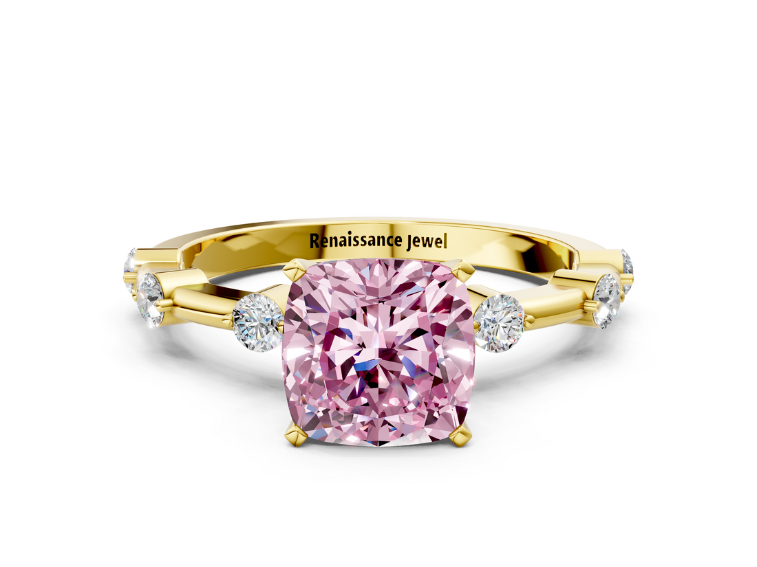 Yellow gold Fancy Pink Cushion  Solitaire Diamond Ring with Bezel Set Side Stones and Prong Setting_3
