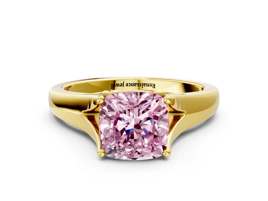 Yellow gold Fancy Pink Cushion  Solitaire Diamond Ring with Cathedral Band and Four-Prong Setting_66