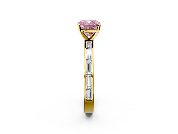 Yellow gold Fancy Pink Cushion  Solitaire Diamond Ring with Channel-Set Baguette Band and Four-Prong Setting