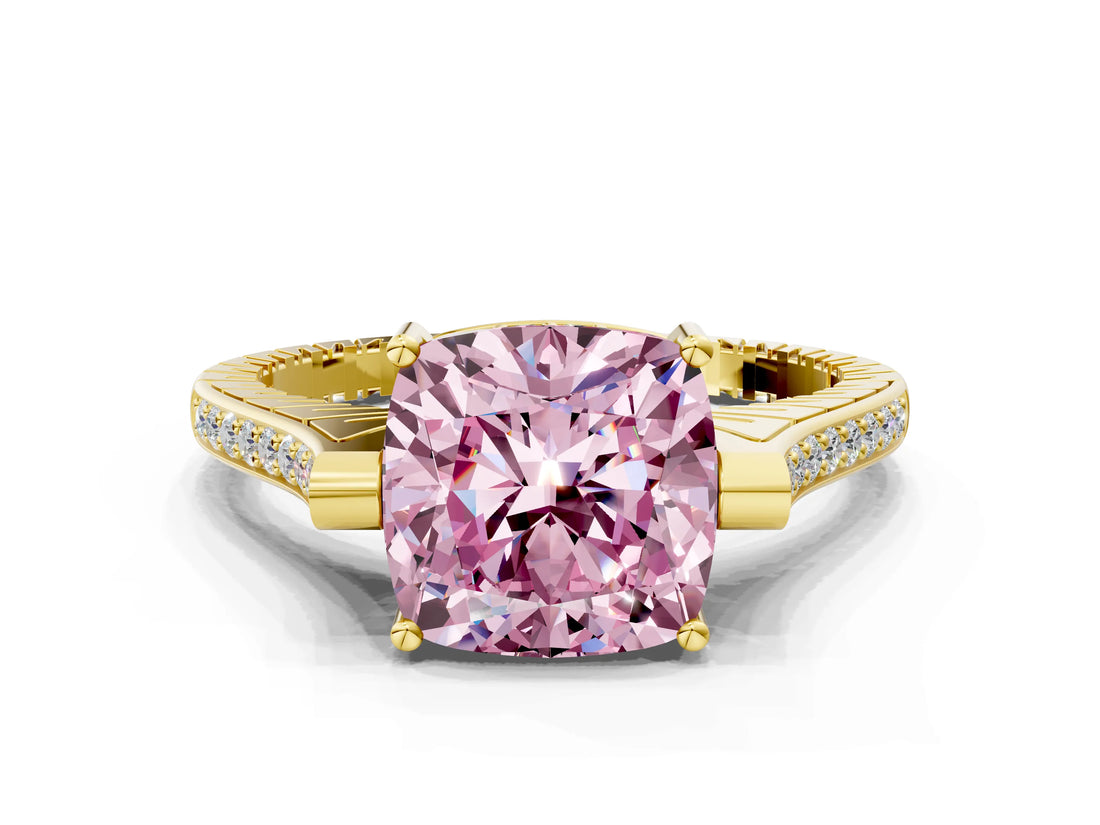 Yellow gold Fancy Pink Cushion  Solitaire Diamond Ring with Channel Set Band and Bezel Prong Setting_56