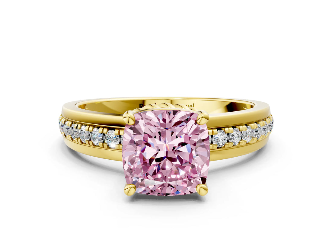 Yellow gold Fancy Pink Cushion  Solitaire Diamond Ring with Channel Set Band and Six-Prong Setting_48