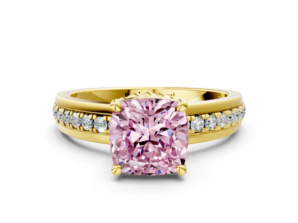 Yellow gold Fancy Pink Cushion  Solitaire Diamond Ring with Channel Set Band and Six-Prong Setting