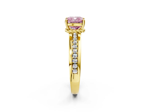 Yellow gold Fancy Pink Cushion  Solitaire Diamond Ring with Channel Set Band and Six-Prong Setting