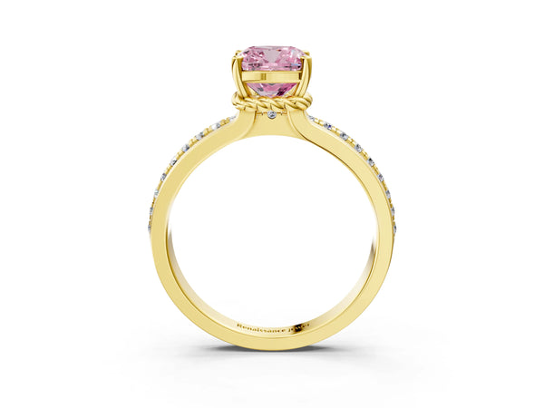 Yellow gold Fancy Pink Cushion  Solitaire Diamond Ring with Channel Set Band and Six-Prong Setting