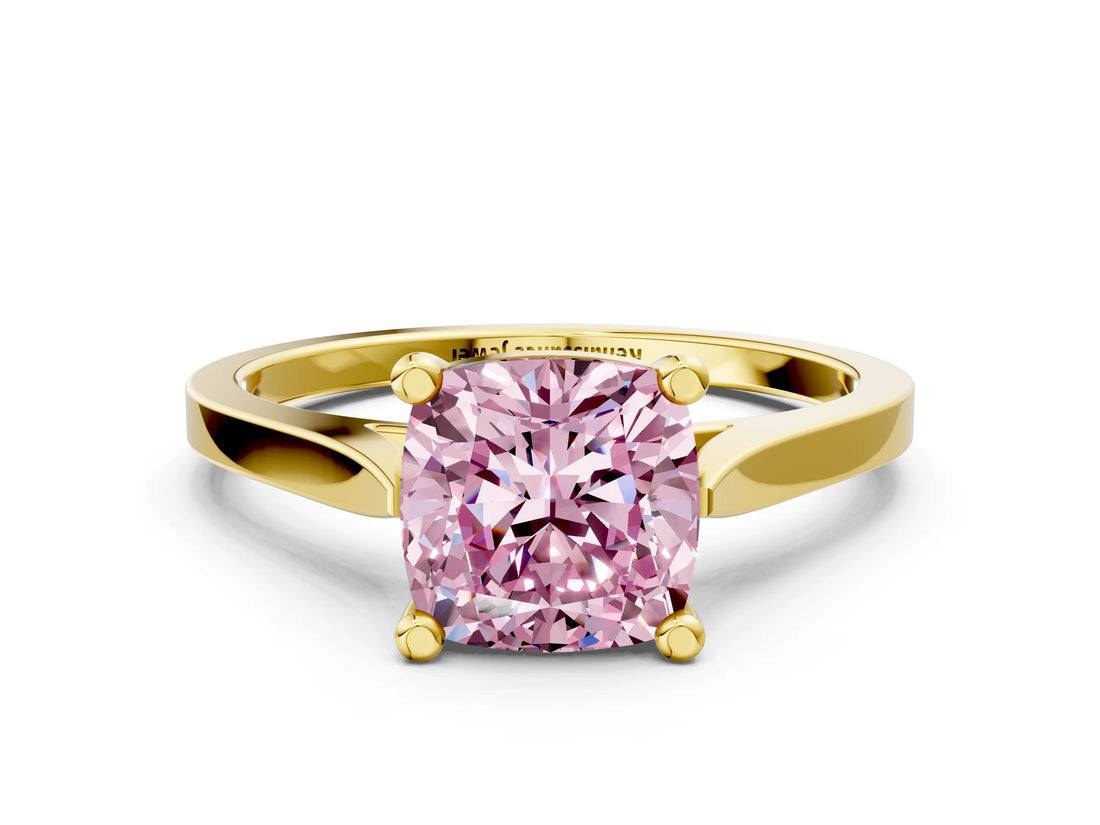 Yellow gold Fancy Pink Cushion  Solitaire Diamond Ring with Four-Prong Setting and Tapered Band 1