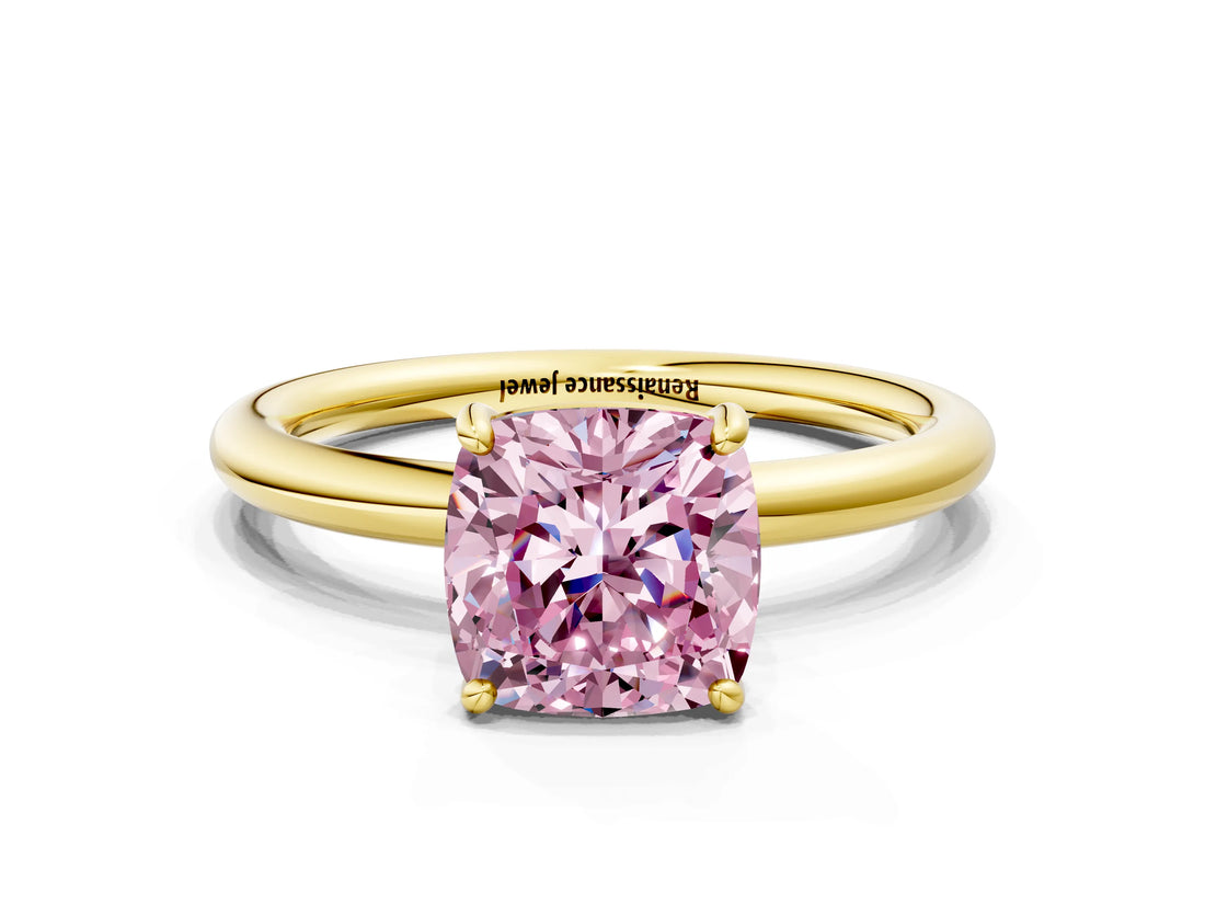Yellow gold Fancy Pink Cushion  Solitaire Diamond Ring with Four-Prong Setting on a Plain Band_20