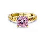 Yellow gold Fancy Pink Cushion  Solitaire Diamond Ring with Milgrain and Black Enamel X Pattern Band_94