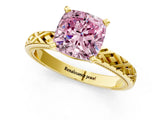 Yellow gold Fancy Pink Cushion  Solitaire Diamond Ring with Milgrain and Black Enamel X Pattern Band_95