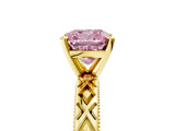 Yellow gold Fancy Pink Cushion  Solitaire Diamond Ring with Milgrain and Black Enamel X Pattern Band_99