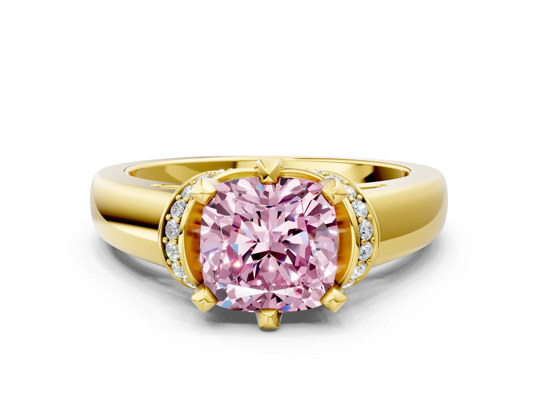 Yellow gold Fancy Pink Cushion  Solitaire Diamond Ring with Pave Band and Six-Prong Setting_32