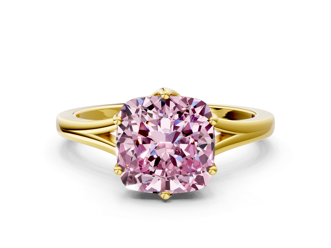 Yellow gold Fancy Pink Cushion  Solitaire Diamond Ring with Six-Prong Setting and Tapered Band_17