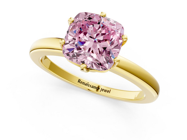 Yellow gold Fancy Pink Cushion  Solitaire Diamond Ring with Six-Prong Setting on a Classic Band