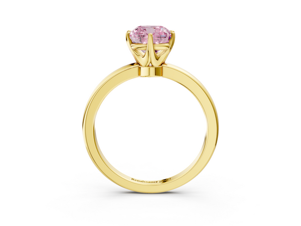 Yellow gold Fancy Pink Cushion  Solitaire Diamond Ring with Six-Prong Setting on a Classic Band