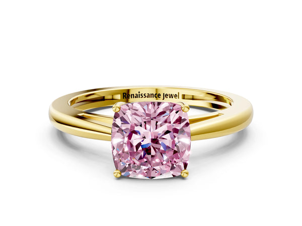 Yellow gold Fancy Pink Cushion  Solitaire Diamond Ring with Split Shank and Four-Prong Setting