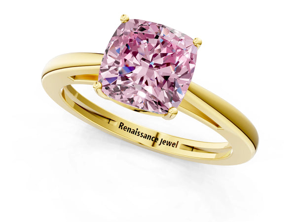 Yellow gold Fancy Pink Cushion  Solitaire Diamond Ring with Split Shank and Four-Prong Setting