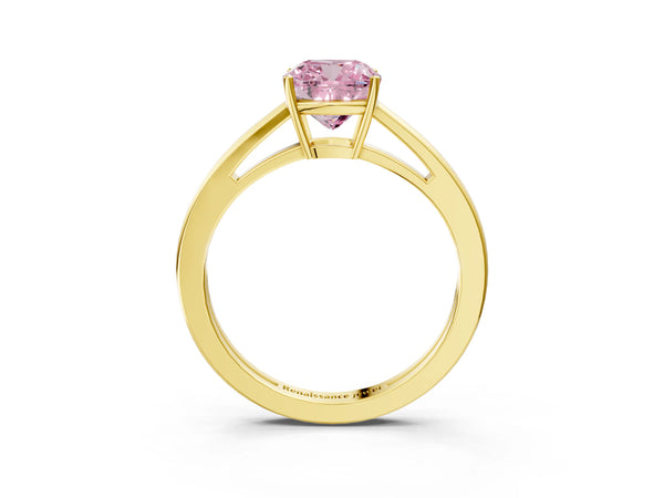 Yellow gold Fancy Pink Cushion  Solitaire Diamond Ring with Split Shank and Four-Prong Setting