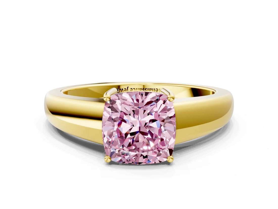 Yellow gold Fancy Pink Cushion  Solitaire Diamond Ring with Tapered Band and Four-Prong Setting_49