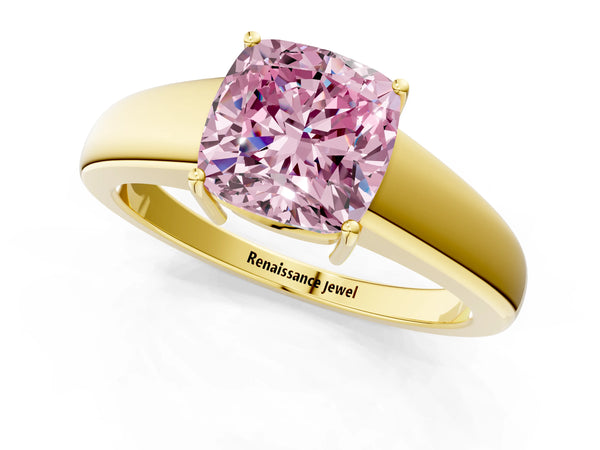 Yellow gold Fancy Pink Cushion  Solitaire Diamond Ring with Tapered Band and Four-Prong Setting
