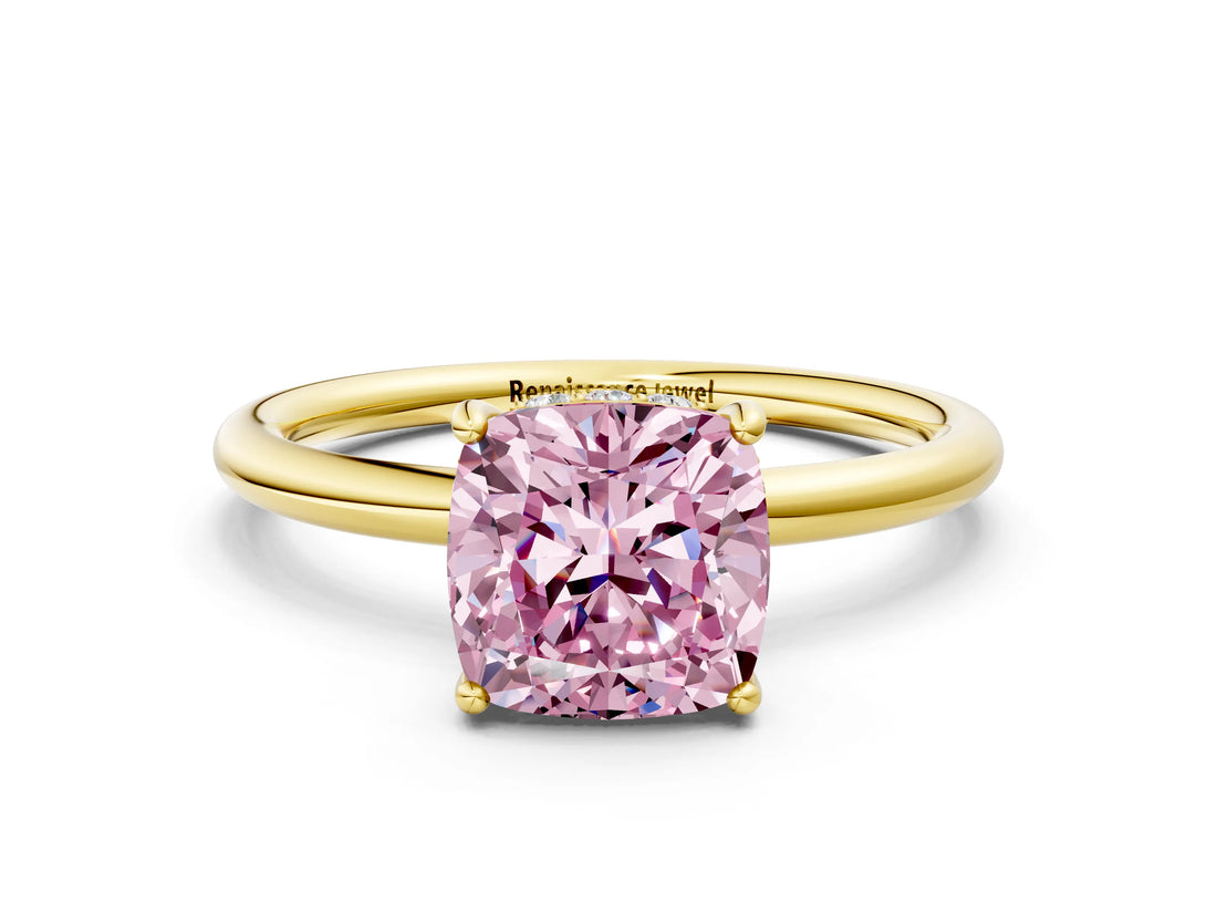 Yellow gold Fancy Pink Cushion  Solitaire Diamond Ring with a Classic Band and Four-Prong Setting 1