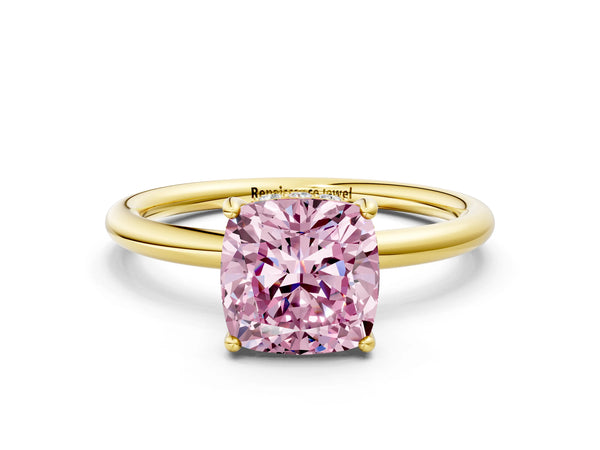 Yellow gold Fancy Pink Cushion  Solitaire Diamond Ring with a Classic Band and Four-Prong Setting