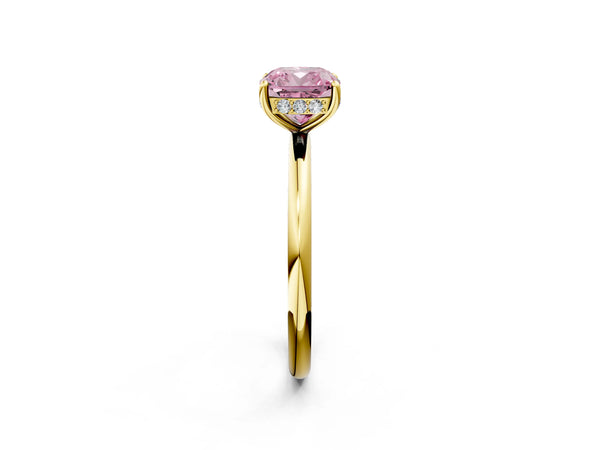 Yellow gold Fancy Pink Cushion  Solitaire Diamond Ring with a Classic Band and Four-Prong Setting