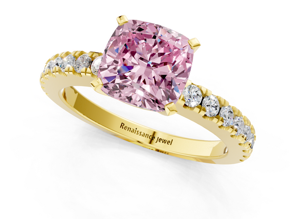Yellow gold Fancy Pink Cushion  Solitaire Diamond with Pavé Band and Four-Prong Setting