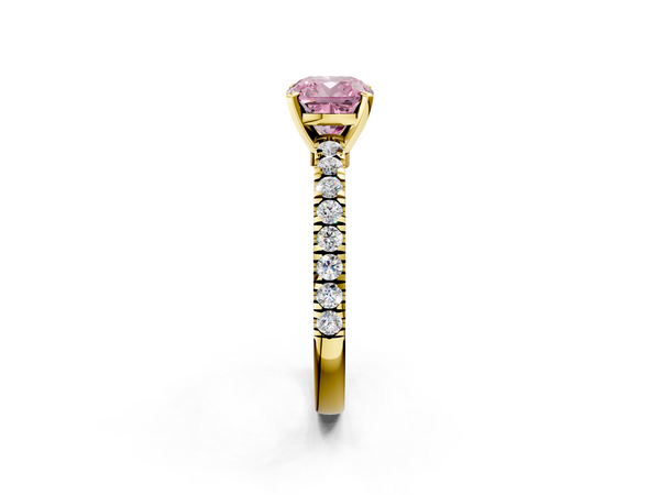Yellow gold Fancy Pink Cushion  Solitaire Diamond with Pavé Band and Four-Prong Setting