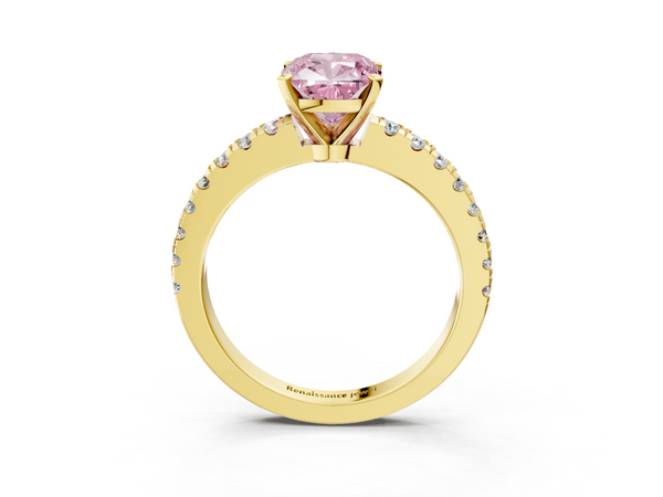 Yellow gold Fancy Pink Cushion  Solitaire Diamond with Pavé Band and Four-Prong Setting