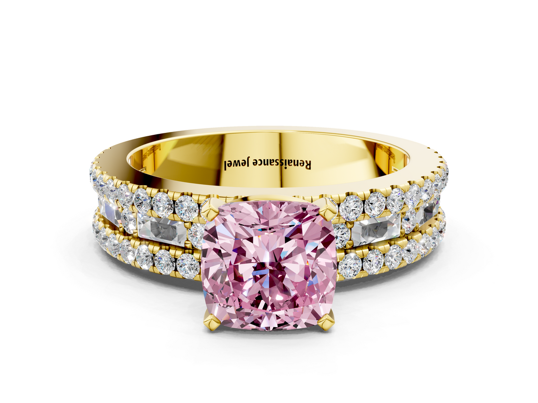Yellow gold Fancy Pink Cushion  Solitaire Diamond with Pave and Channel Set Band_58