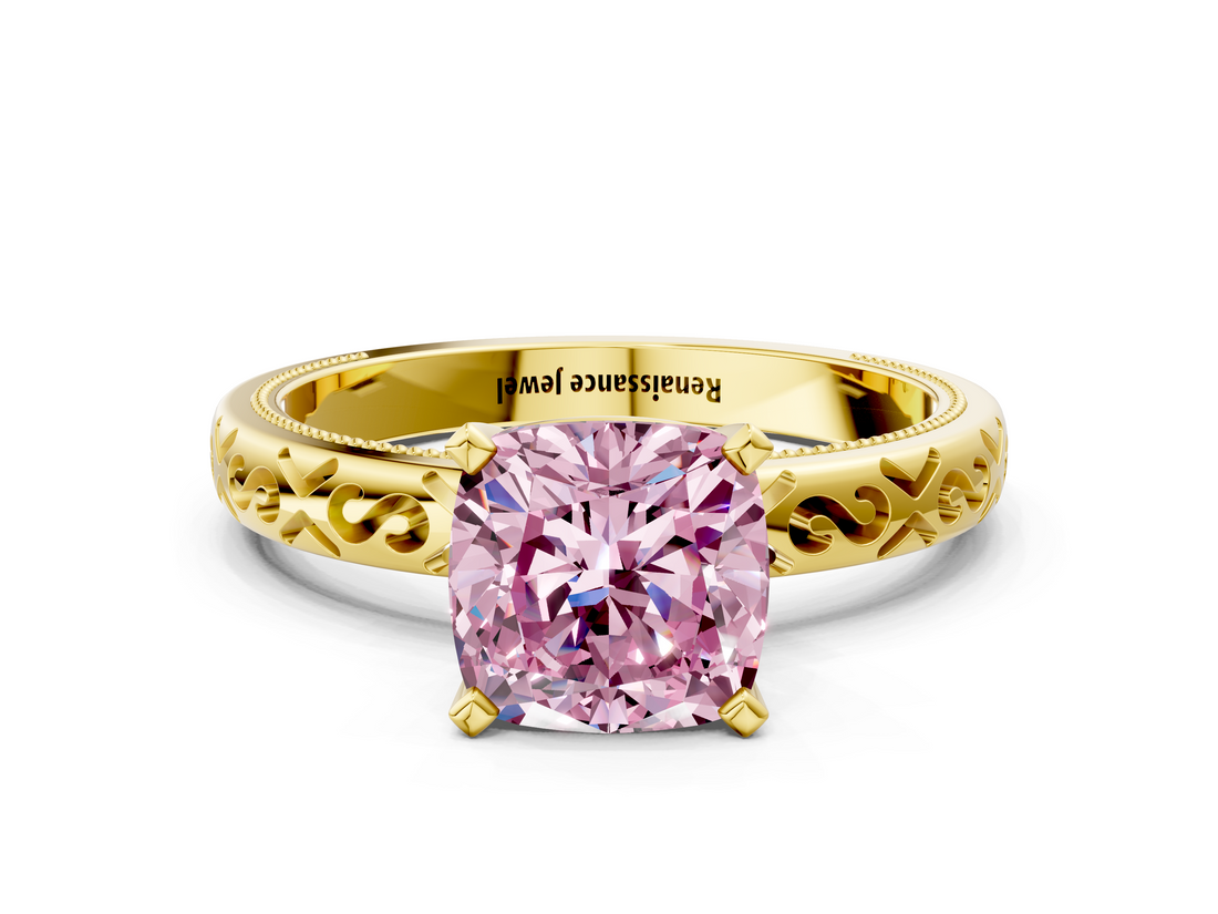 Yellow gold Fancy Pink Cushion  Solitaire Engagement Ring with Scrollwork Band and Four-Prong Setting_133
