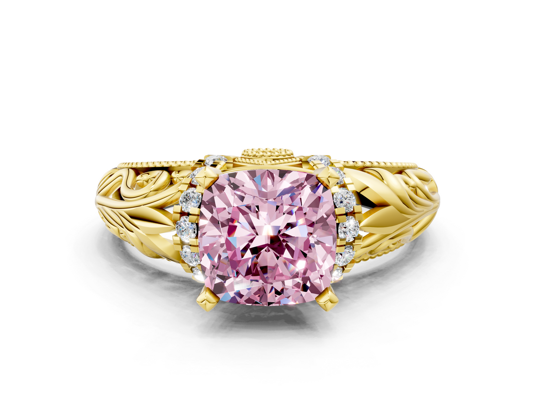 Yellow gold Fancy Pink Cushion  Solitaire Filigree Engagement Ring with Halo and Prong Setting_68