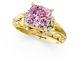 Yellow gold Fancy Pink Cushion  Solitaire Filigree Engagement Ring with Halo and Prong Setting_69