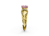 Yellow gold Fancy Pink Cushion  Solitaire Filigree Engagement Ring with Halo and Prong Setting_70