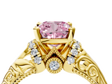 Yellow gold Fancy Pink Cushion  Solitaire Filigree Engagement Ring with Halo and Prong Setting_72