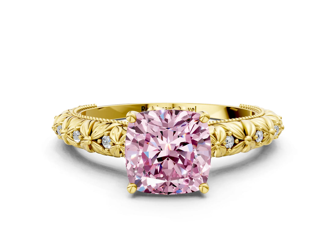 Yellow gold Fancy Pink Cushion  Solitaire Floral Milgrain Engagement Ring_30