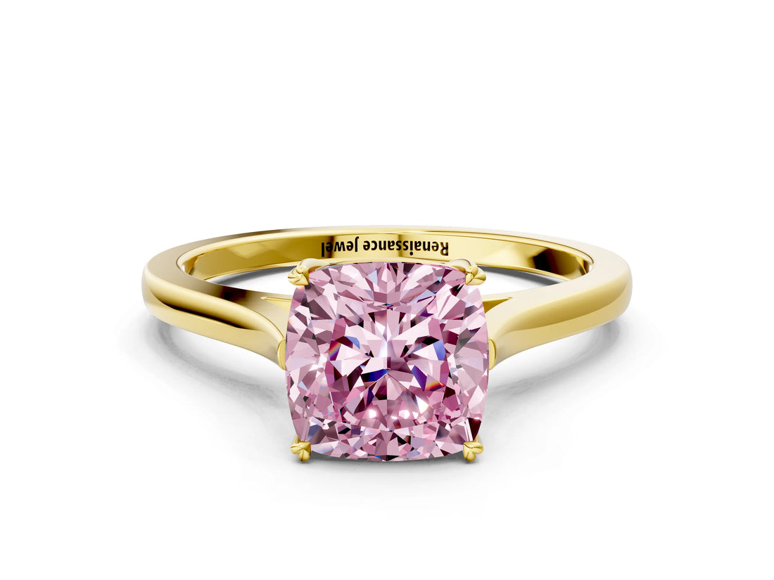 Yellow gold Fancy Pink Cushion  Solitaire Heart Prong Engagement Ring with Tapered Band_55