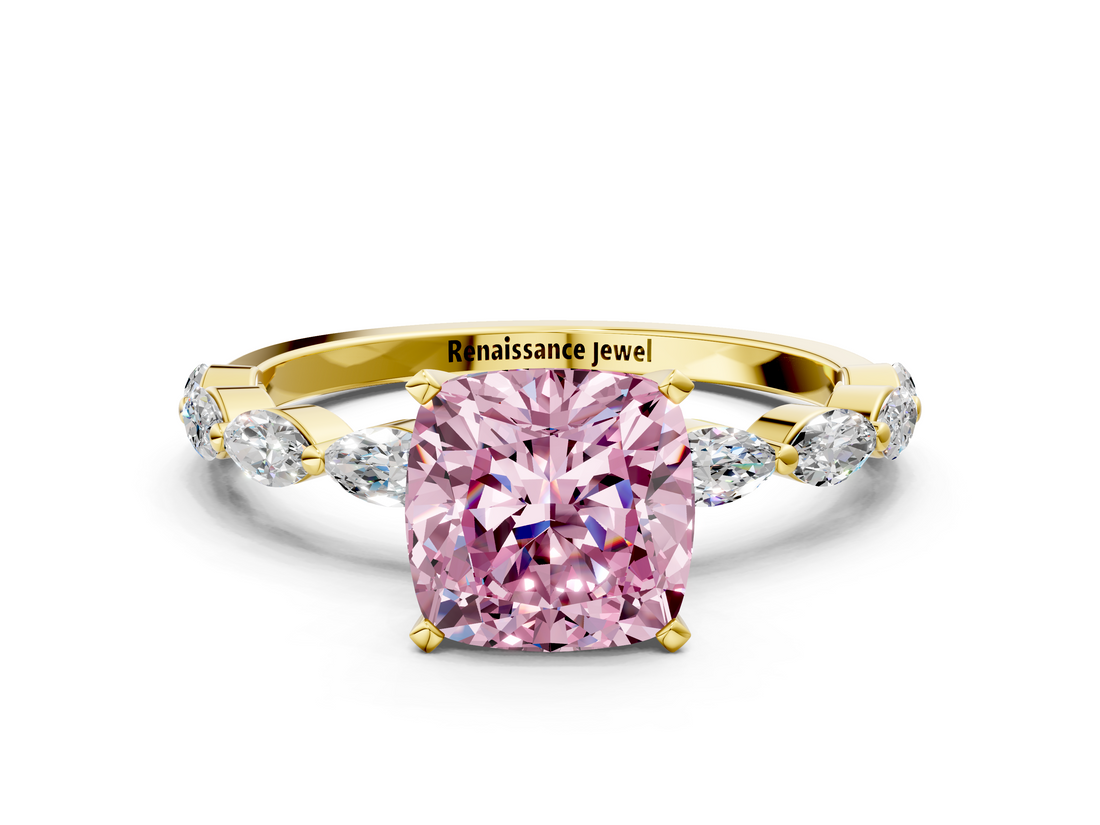 Yellow gold Fancy Pink Cushion  Solitaire Marquise Side Stone Prong Setting Ring_44