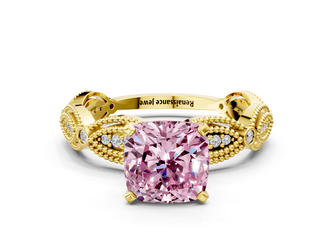 Yellow gold Fancy Pink Cushion  Solitaire Milgrain Diamond Engagement Ring with Bezel and Marquise Band_66