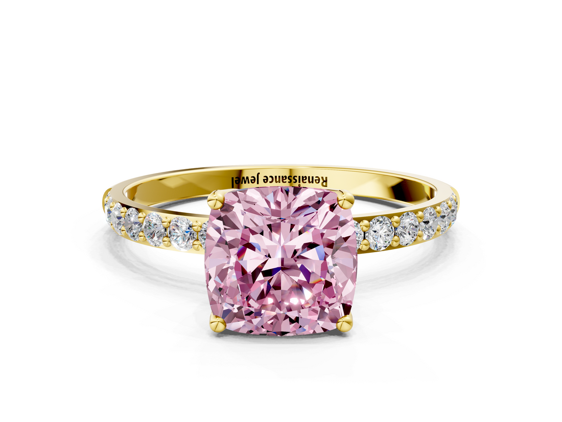 Yellow gold Fancy Pink Cushion  Solitaire Pavé Diamond Engagement Ring with Four-Prong Setting_45
