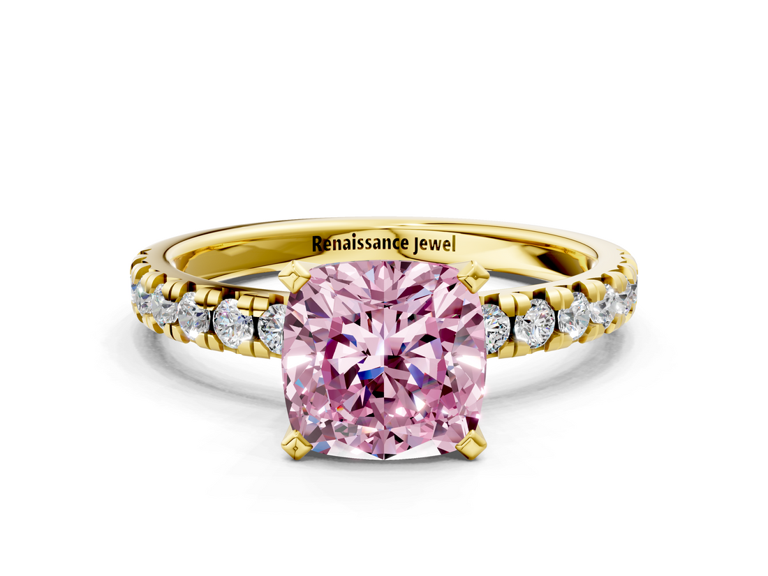 Yellow gold Fancy Pink Cushion  Solitaire Pave Diamond Engagement Ring with Four-Prong Setting_346