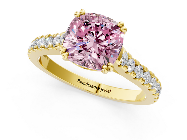 Yellow gold Fancy Pink Cushion  Solitaire Pave Diamond Engagement Ring with Prong Setting