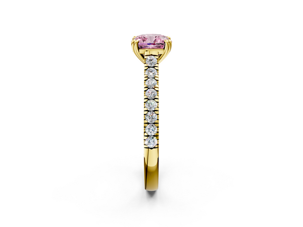 Yellow gold Fancy Pink Cushion  Solitaire Pave Diamond Engagement Ring with Prong Setting