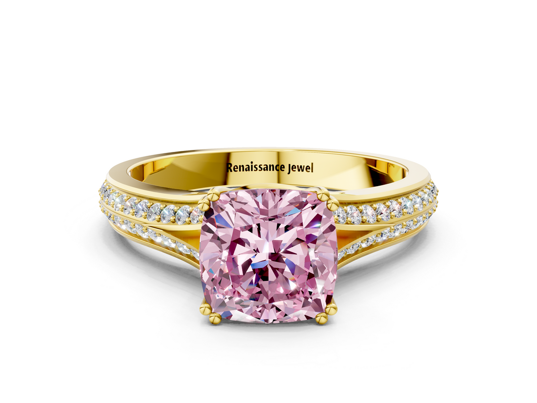 Yellow gold Fancy Pink Cushion  Solitaire Pave Split Shank Engagement Ring with Six-Prong Setting_37