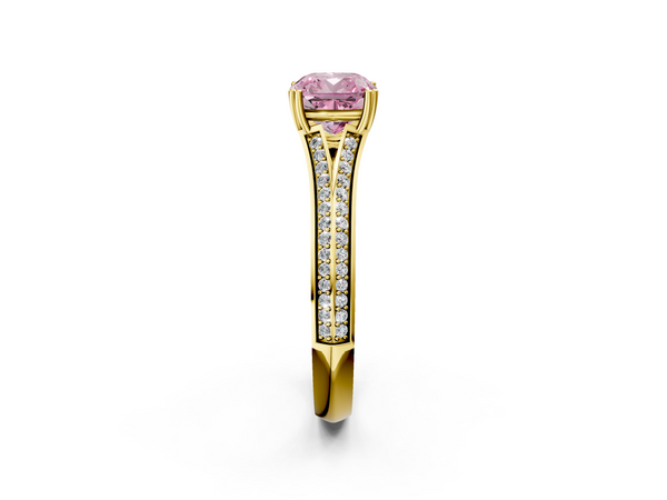 Yellow Gold Cushion Cut Split Shank Pave Engagement Ring Setting for Fancy Pink Center