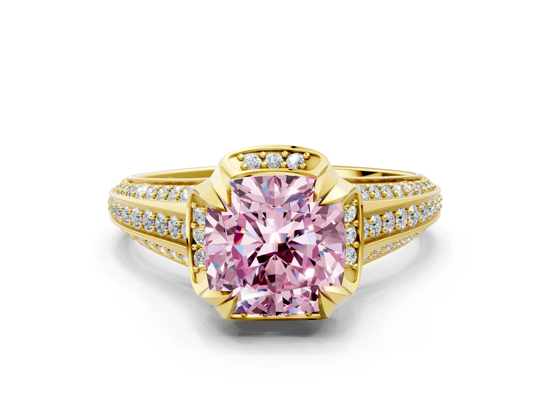 Yellow gold Fancy Pink Cushion  Solitaire Pave Split Shank Ring with Four-Prong Setting_109