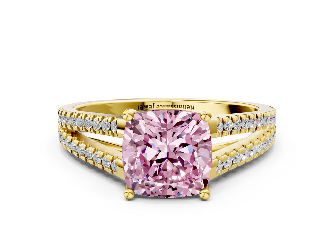 Yellow gold Fancy Pink Cushion  Solitaire Split Shank Pavé Diamond Engagement Ring_402